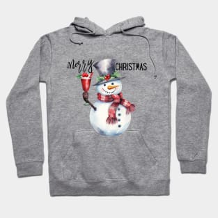 Cute Snowman in Red Scarf Holding a Christmas Drink with Berries Hoodie